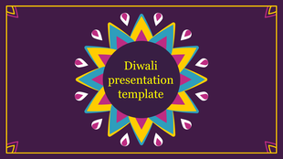 Diwali presentation template with a colorful mandala design on a purple backdrop.