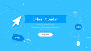 Cyber Monday PowerPoint template with a vibrant blue background, featuring discount tags and a Shop Now button.