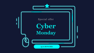 Cyber Monday offer template with glowing neon blue outlines of a monitor, mouse, and button on dark background.