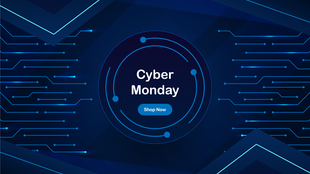 Blue themed cyber monday slide with circular shapes and digital lines, featuring glowing connections and geometric accents.