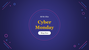 Cyber Monday graphic with yellow text in a glowing circle on a dark blue background, decorated with neon geometric shapes.