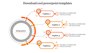 Infographic with central gray circle and four connected caption blocks in orange, each numbered with icons and caption areas.