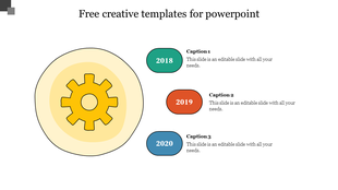 Vertical creative year labels in green, red, and blue with captions, placed beside a yellow gear icon on a beige circle.