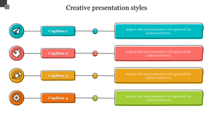 Creative infographic with four rows of colored icons and matching caption boxes connected by dots and lines.