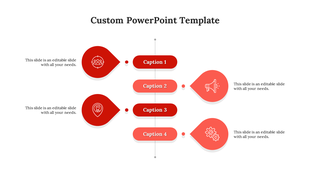 Symmetrical slide showing four red caption between left and right icons, with connecting dots and a central vertical divider.