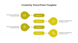 Creative layout with yellow rounded icons on left and right, linked to four central captions along a vertical divider.