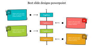 Creative infographic PowerPoint slide with colorful text boxes connected to a central flowchart with placeholder text.