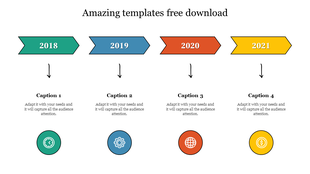 Timeline slide from 2018 to 2021 with colorful arrow banners and captions below, ending with circular icons.
