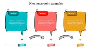 A nice example slide with cartoon-like speech bubbles, representing different years and with caption areas.