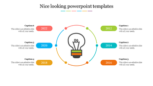 Nice looking colorful PowerPoint template showing years with a lightbulb icon and text placeholders.