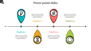 Timeline PowerPoint slide with four colorful location pin style markers representing different stages with captions.