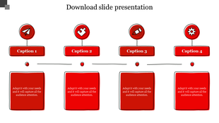 Four-step horizontal layout with red icons and captions, each followed by a block of placeholder text beneath.
