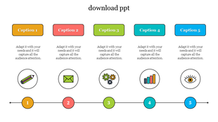 Colorful infographic PPT slide with five captions, icons, and a step by step process with placeholder text.
