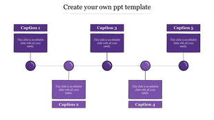 Create your own PowerPoint template design with five purple boxes connected by a horizontal line and circular nodes.