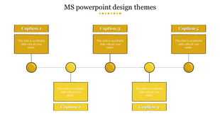 MS PowerPoint design themes slide with five yellow text boxes connected by circular nodes and a central horizontal line.