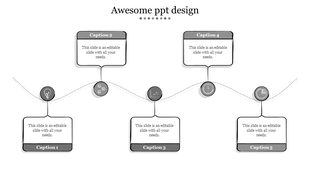 Awesome ppt design title above five labeled points, each connected to editable white text boxes with dark headers.