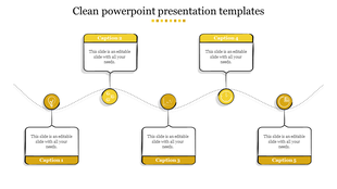 Yellow themed slide with five captions paired with icons, and curved connecting lines on a white background.