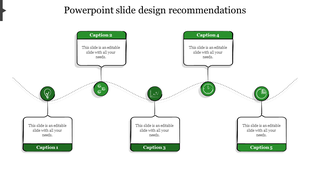 Slide layout featuring a sequence of linked text boxes with green icons, offering design recommendations and caption areas.