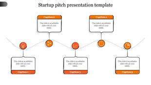 Startup pitch timeline with five orange circular icons linked to alternating caption boxes along a wavy dotted path.