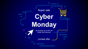 A Cyber Monday sales announcement with decorative icons, including a shopping cart and arrow, surrounded by colorful lines.