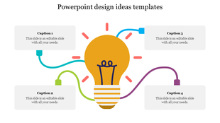Ideas design template with a large lightbulb illustration connected to four text boxes labeled  from caption 1 to caption 4.