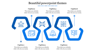 Modern PowerPoint slide with a wavy blue hexagon shape featuring six steps and icons with captions on a white backdrop.