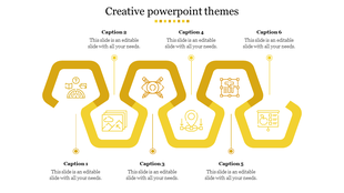 Creative yellow zigzag flowchart with six outlined icons in boxes, alternating caption placements above and below each.