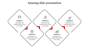 Amazing slide with five diamond shaped sections connected by red accents, each with a relevant icon.