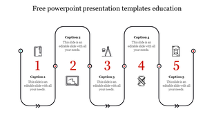Minimalist educational PowerPoint template featuring a five step with icons and captions on a white backdrop.