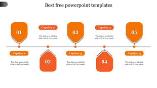Orange themed slide showing five numbered pentagon shapes, each linked to captions, forming a sequential layout.