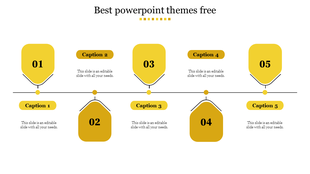 Modern timeline PowerPoint template with five yellow milestone markers and captions on a white backdrop.