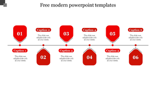 Modern slide with six numbered red boxes, each with caption placeholders, connected by a central horizontal line.
