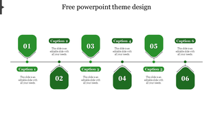 Green infographic showing six vertical markers on a central timeline with editable text boxes above and below each step.