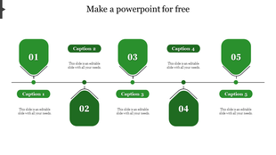How to make a PowerPoint with horizontal green timeline with shield shapes, a central line, and alternating caption boxes.