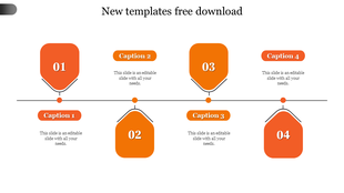 Orange themed timeline PowerPoint slide with four sequential steps and captions on a white backdrop.