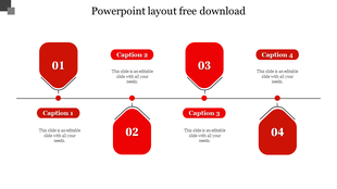 Timeline layout with four red drop-like icons labeled 01 to 04, connected to staggered text areas above and below.
