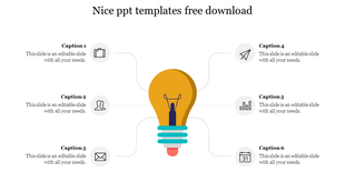 Template with a yellow lightbulb at the center, and six surrounding icons representing different business themes.