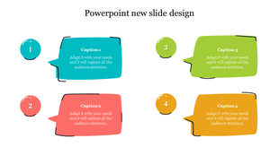 Slide layout with four colorful speech bubbles in blue, orange, green, and yellow, each containing text and numbers.