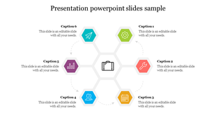 Hexagonal PowerPoint template with a central suitcase icon linked to six colorful icons with captions on a white backdrop.