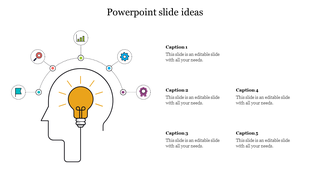Slide with a yellow light bulb inside a head outline, surrounded by five colorful circular icons representing various ideas.