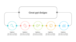 Minimalist great PowerPoint slide featuring five connected colorful circular icons with captions on a white backdrop.