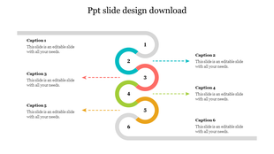 Vertical timeline with six numbered steps in colored circles, connected by arrows to alternating side caption areas.