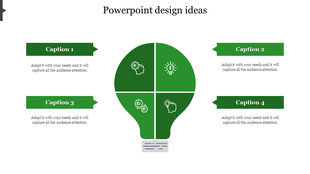 Green lightbulb infographic slide with four sections representing ideas and captions with placeholder text.