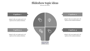 Lightbulb ideas divided into four segments with white icons, each linked to gray arrow-shaped caption boxes on both sides.