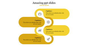 Creative PowerPoint slide with a flowing yellow infographic layout featuring four captions and icons.