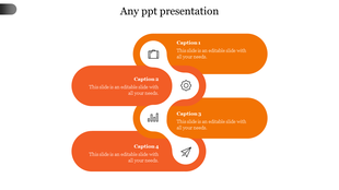 Four horizontal orange sections with rounded edges, arranged in a wavy design and aligned with descriptive icons.