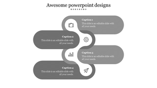 Wavy vertical infographic with four curved gray segments, white icons, and alternating caption areas labeled 1 to 4.