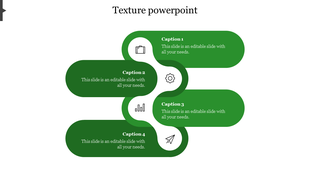 A green wavy design slide with four horizontal sections, each containing captions and minimalistic black icons.