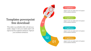 Rocket graphic with a colorful, segmented path numbered from 01 to 04, aligned with labeled captions on the right.