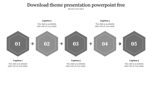 Horizontal layout with five dark hexagons numbered 1 to 5, each with an caption and black arrow between shapes.